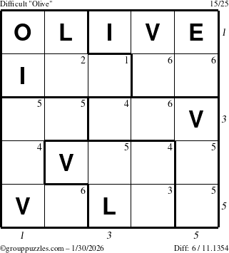 The grouppuzzles.com Difficult Olive puzzle for Friday January 30, 2026, suitable for printing, with all 6 steps marked