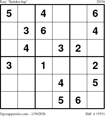 The grouppuzzles.com Easy Sudoku-6up puzzle for Friday January 30, 2026