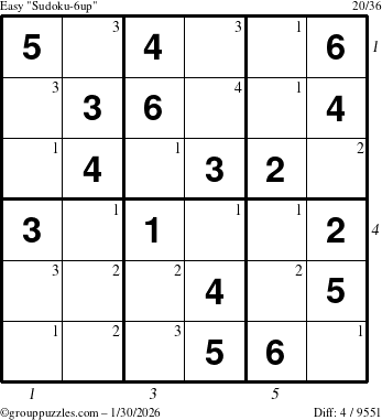 The grouppuzzles.com Easy Sudoku-6up puzzle for Friday January 30, 2026, suitable for printing, with all 4 steps marked