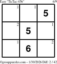 The grouppuzzles.com Easy TicTac-456 puzzle for Friday January 30, 2026 with the first 2 steps marked