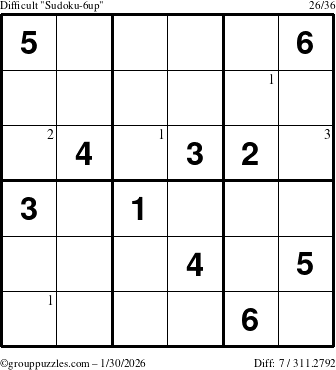 The grouppuzzles.com Difficult Sudoku-6up puzzle for Friday January 30, 2026 with the first 3 steps marked