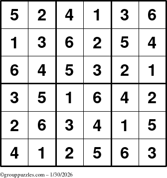 The grouppuzzles.com Answer grid for the Sudoku-6up puzzle for Friday January 30, 2026