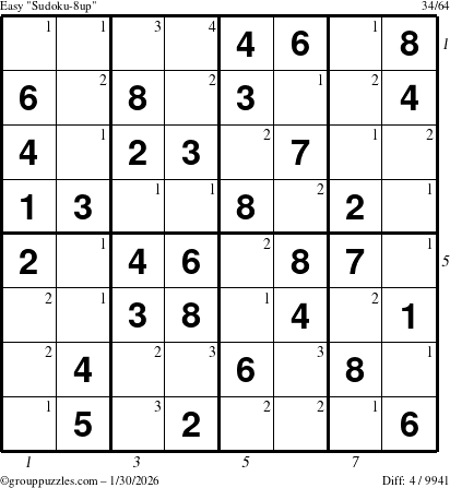 The grouppuzzles.com Easy Sudoku-8up puzzle for Friday January 30, 2026 with all 4 steps marked