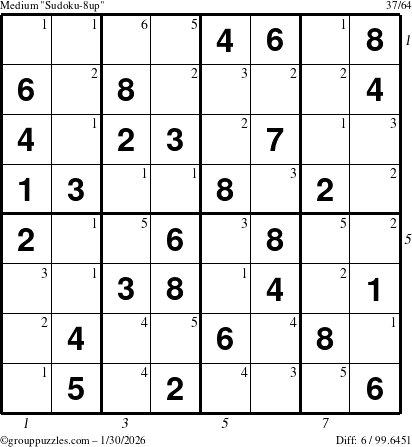 The grouppuzzles.com Medium Sudoku-8up puzzle for Friday January 30, 2026, suitable for printing, with all 6 steps marked