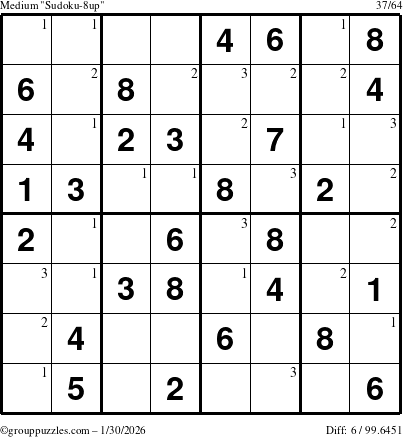 The grouppuzzles.com Medium Sudoku-8up puzzle for Friday January 30, 2026 with the first 3 steps marked