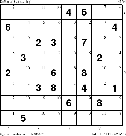 The grouppuzzles.com Difficult Sudoku-8up puzzle for Friday January 30, 2026 with all 11 steps marked