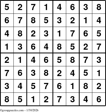 The grouppuzzles.com Answer grid for the Sudoku-8up puzzle for Friday January 30, 2026