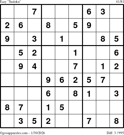 The grouppuzzles.com Easy Sudoku puzzle for Friday January 30, 2026