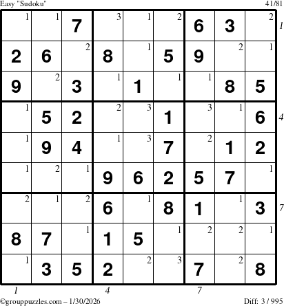 The grouppuzzles.com Easy Sudoku puzzle for Friday January 30, 2026 with all 3 steps marked