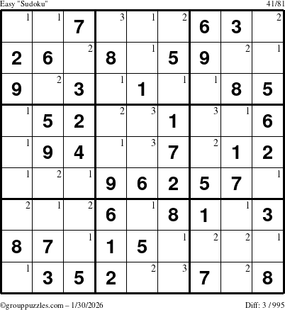 The grouppuzzles.com Easy Sudoku puzzle for Friday January 30, 2026 with the first 3 steps marked