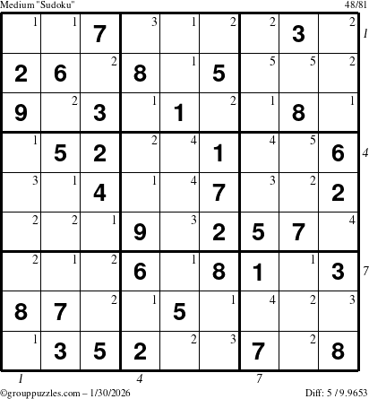 The grouppuzzles.com Medium Sudoku puzzle for Friday January 30, 2026, suitable for printing, with all 5 steps marked