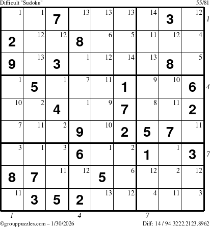 The grouppuzzles.com Difficult Sudoku puzzle for Friday January 30, 2026 with all 14 steps marked