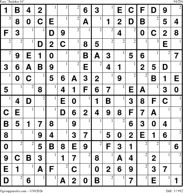 The grouppuzzles.com Easy Sudoku-16 puzzle for Friday January 30, 2026 with the first 3 steps marked