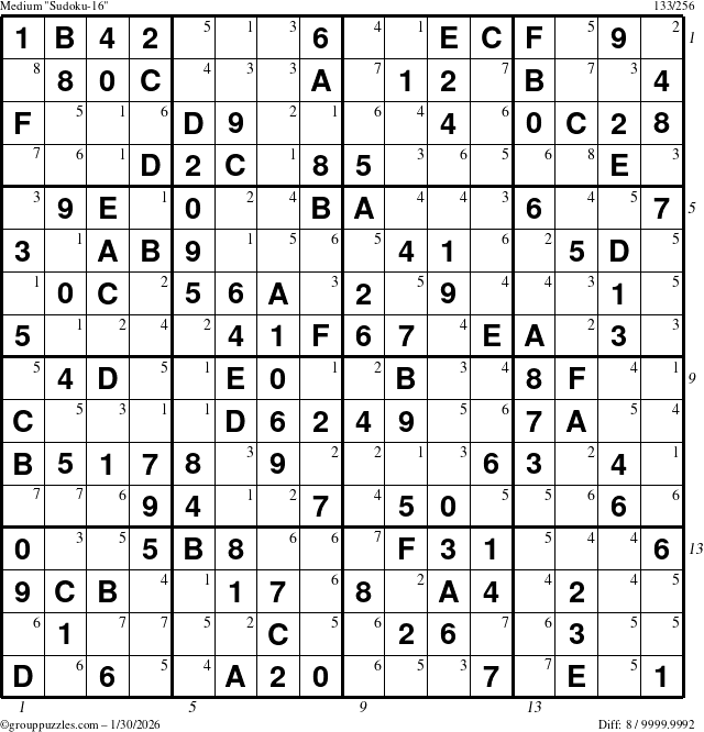 The grouppuzzles.com Medium Sudoku-16 puzzle for Friday January 30, 2026, suitable for printing, with all 8 steps marked