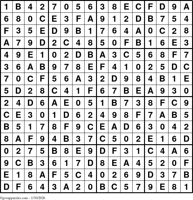 The grouppuzzles.com Answer grid for the Sudoku-16 puzzle for Friday January 30, 2026