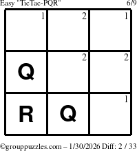 The grouppuzzles.com Easy TicTac-PQR puzzle for Friday January 30, 2026 with the first 2 steps marked