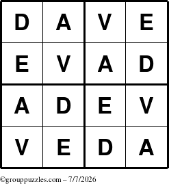 The grouppuzzles.com Answer grid for the Dave puzzle for Tuesday July 7, 2026