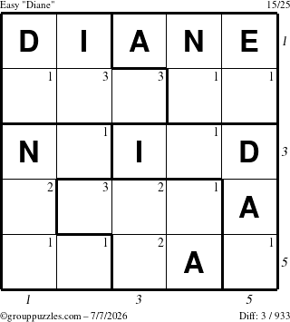The grouppuzzles.com Easy Diane puzzle for Tuesday July 7, 2026 with all 3 steps marked