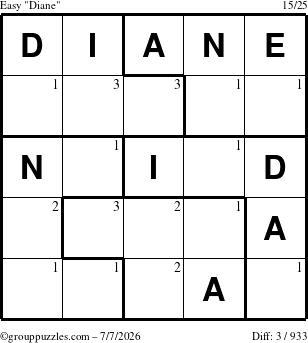 The grouppuzzles.com Easy Diane puzzle for Tuesday July 7, 2026 with the first 3 steps marked