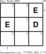 The grouppuzzles.com Easy TicTac-DEF puzzle for Tuesday July 7, 2026, suitable for printing, with all 2 steps marked