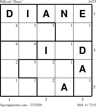The grouppuzzles.com Difficult Diane puzzle for Tuesday July 7, 2026, suitable for printing, with all 4 steps marked