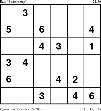 The grouppuzzles.com Easy Sudoku-6up puzzle for Tuesday July 7, 2026