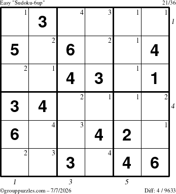 The grouppuzzles.com Easy Sudoku-6up puzzle for Tuesday July 7, 2026 with all 4 steps marked