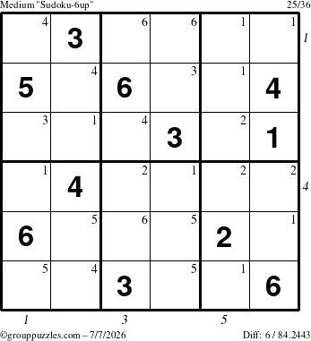 The grouppuzzles.com Medium Sudoku-6up puzzle for Tuesday July 7, 2026, suitable for printing, with all 6 steps marked