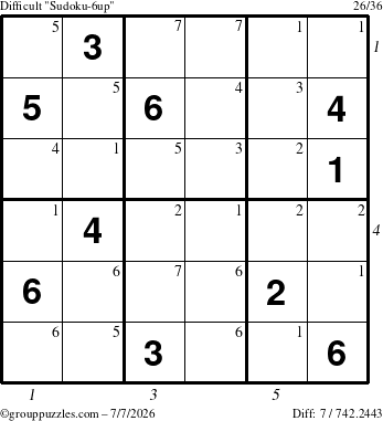 The grouppuzzles.com Difficult Sudoku-6up puzzle for Tuesday July 7, 2026 with all 7 steps marked