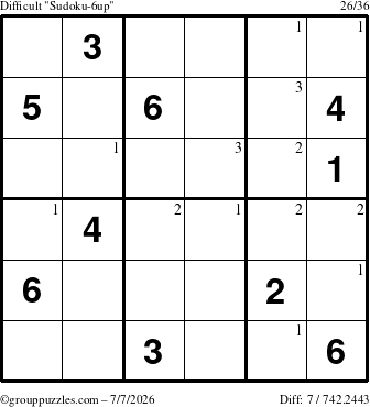 The grouppuzzles.com Difficult Sudoku-6up puzzle for Tuesday July 7, 2026 with the first 3 steps marked