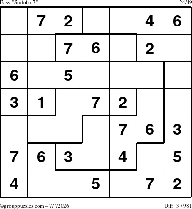 The grouppuzzles.com Easy Sudoku-7 puzzle for Tuesday July 7, 2026