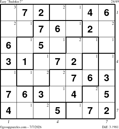 The grouppuzzles.com Easy Sudoku-7 puzzle for Tuesday July 7, 2026, suitable for printing, with all 3 steps marked