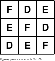 The grouppuzzles.com Answer grid for the TicTac-DEF puzzle for Tuesday July 7, 2026