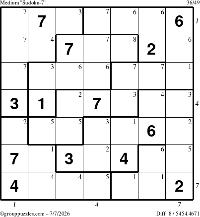 The grouppuzzles.com Medium Sudoku-7 puzzle for Tuesday July 7, 2026, suitable for printing, with all 8 steps marked