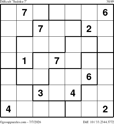 The grouppuzzles.com Difficult Sudoku-7 puzzle for Tuesday July 7, 2026