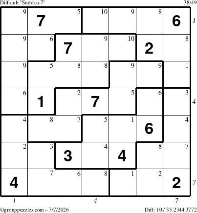 The grouppuzzles.com Difficult Sudoku-7 puzzle for Tuesday July 7, 2026, suitable for printing, with all 10 steps marked