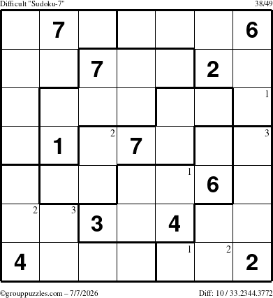 The grouppuzzles.com Difficult Sudoku-7 puzzle for Tuesday July 7, 2026 with the first 3 steps marked