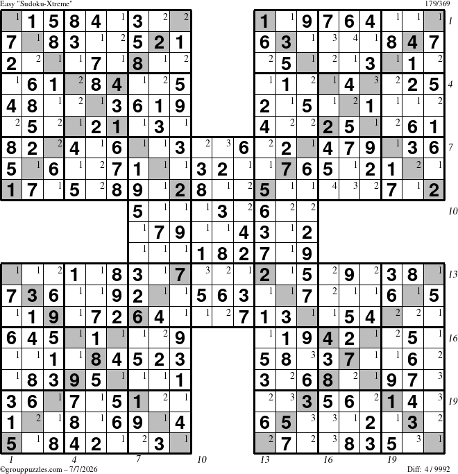 The grouppuzzles.com Easy Sudoku-Xtreme puzzle for Tuesday July 7, 2026, suitable for printing, with all 4 steps marked