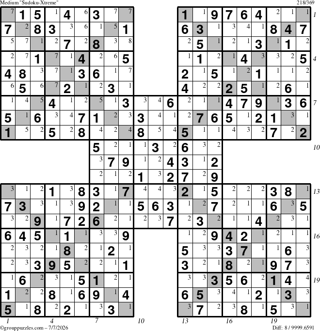 The grouppuzzles.com Medium Sudoku-Xtreme puzzle for Tuesday July 7, 2026 with all 8 steps marked