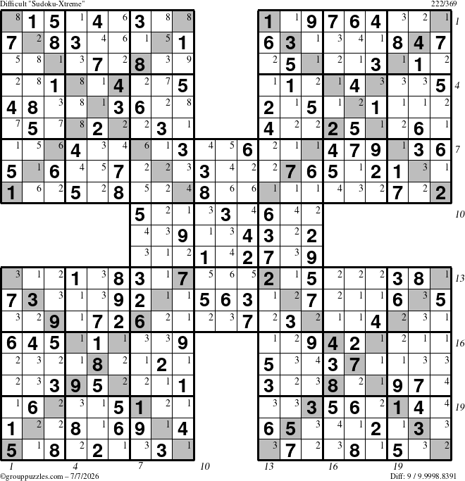 The grouppuzzles.com Difficult Sudoku-Xtreme puzzle for Tuesday July 7, 2026, suitable for printing, with all 9 steps marked