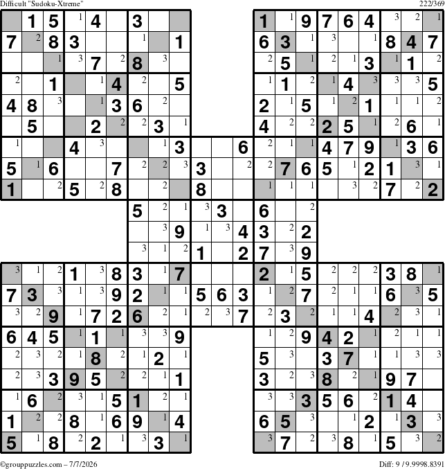 The grouppuzzles.com Difficult Sudoku-Xtreme puzzle for Tuesday July 7, 2026 with the first 3 steps marked