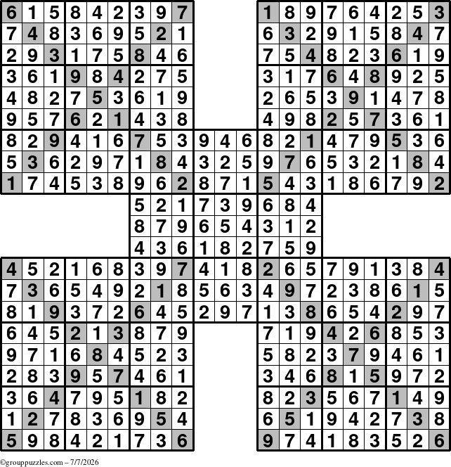 The grouppuzzles.com Answer grid for the Sudoku-Xtreme puzzle for Tuesday July 7, 2026