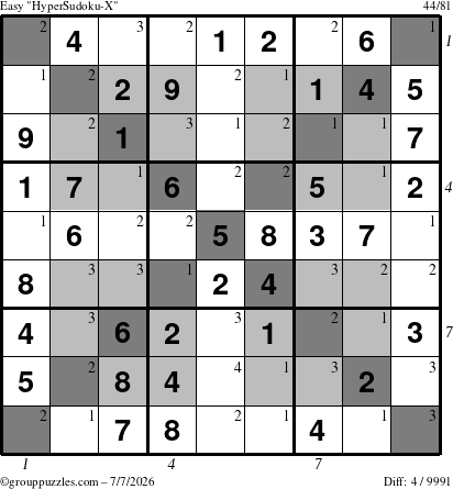 The grouppuzzles.com Easy HyperSudoku-X puzzle for Tuesday July 7, 2026, suitable for printing, with all 4 steps marked