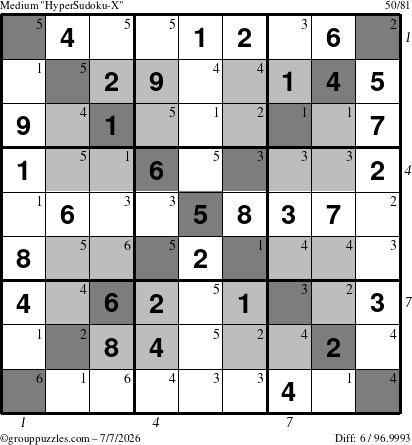 The grouppuzzles.com Medium HyperSudoku-X puzzle for Tuesday July 7, 2026, suitable for printing, with all 6 steps marked