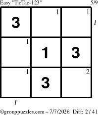 The grouppuzzles.com Easy TicTac-123 puzzle for Tuesday July 7, 2026, suitable for printing, with all 2 steps marked