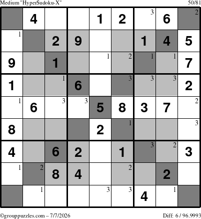 The grouppuzzles.com Medium HyperSudoku-X puzzle for Tuesday July 7, 2026 with the first 3 steps marked