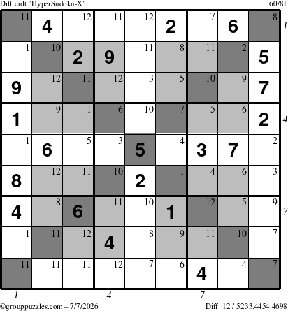 The grouppuzzles.com Difficult HyperSudoku-X puzzle for Tuesday July 7, 2026 with all 12 steps marked