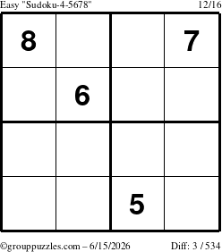 The grouppuzzles.com Easy Sudoku-4-5678 puzzle for Monday June 15, 2026