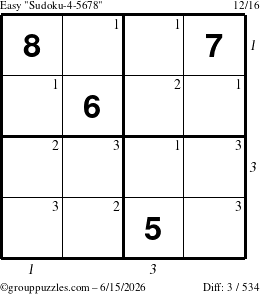 The grouppuzzles.com Easy Sudoku-4-5678 puzzle for Monday June 15, 2026, suitable for printing, with all 3 steps marked