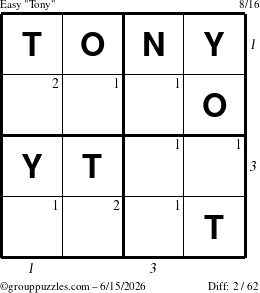 The grouppuzzles.com Easy Tony puzzle for Monday June 15, 2026, suitable for printing, with all 2 steps marked